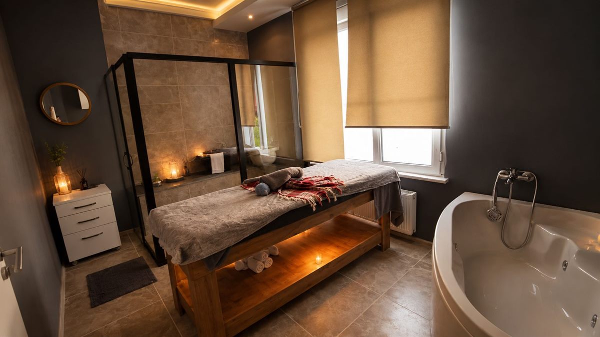 Sky Life Spa'nın loş ışıklı masaj odası ve jakuzisi